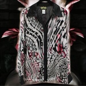 Bob Mackie Wearable Art Silk Long Sleeve Button up Chic Classy Elegant Blouse M